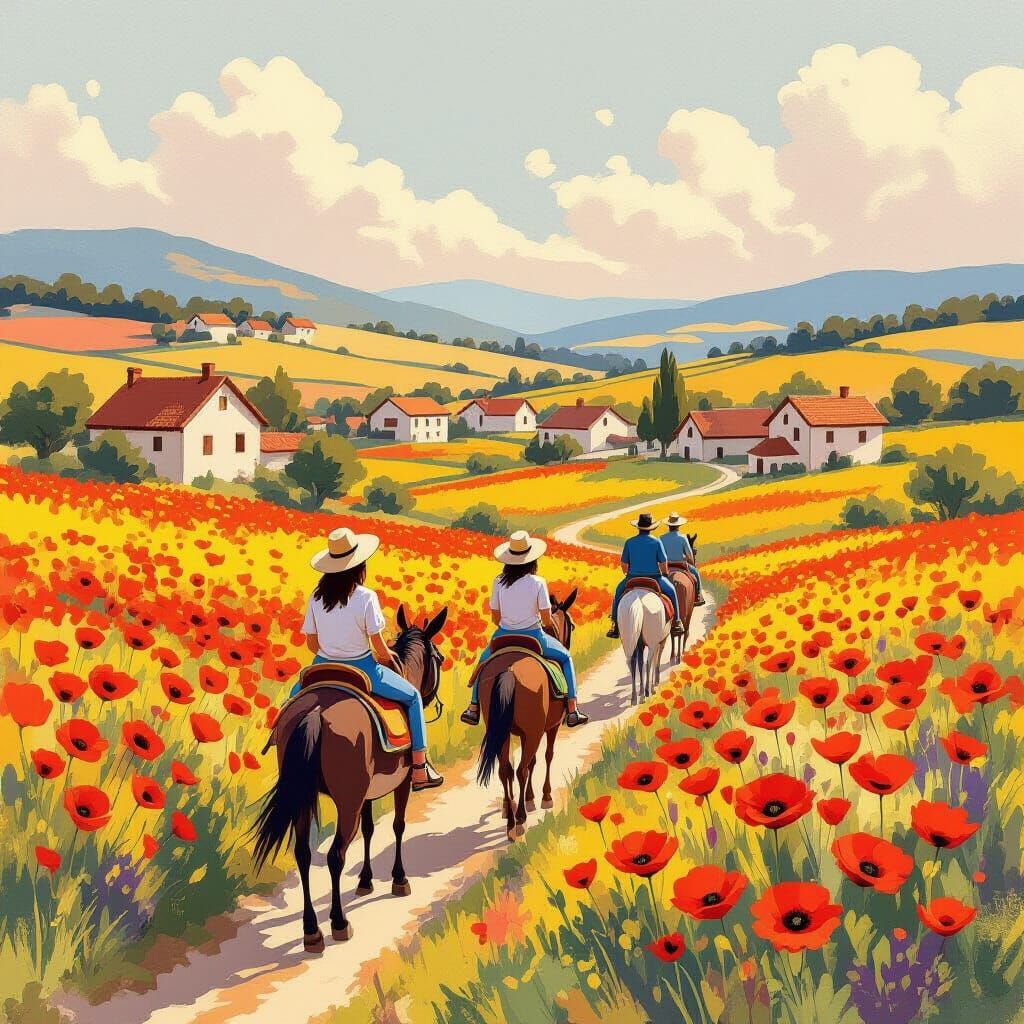 Donkey Ride Through Poppy Fields in Impressionist Style