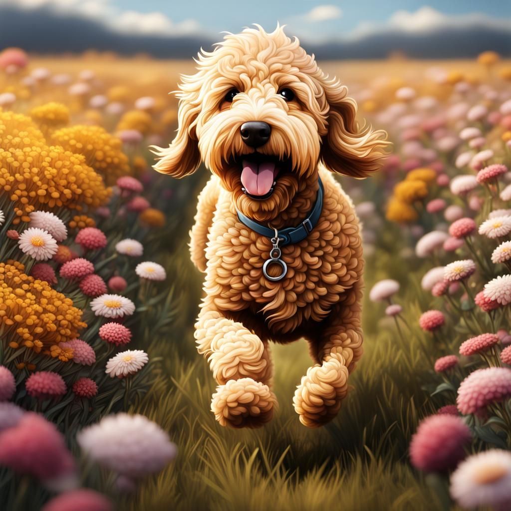 Cartoon Golden Doodle in Flower Field