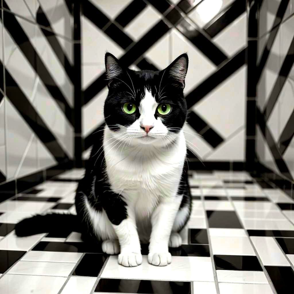 Monochrome Cat with Green Eyes on Black and White
