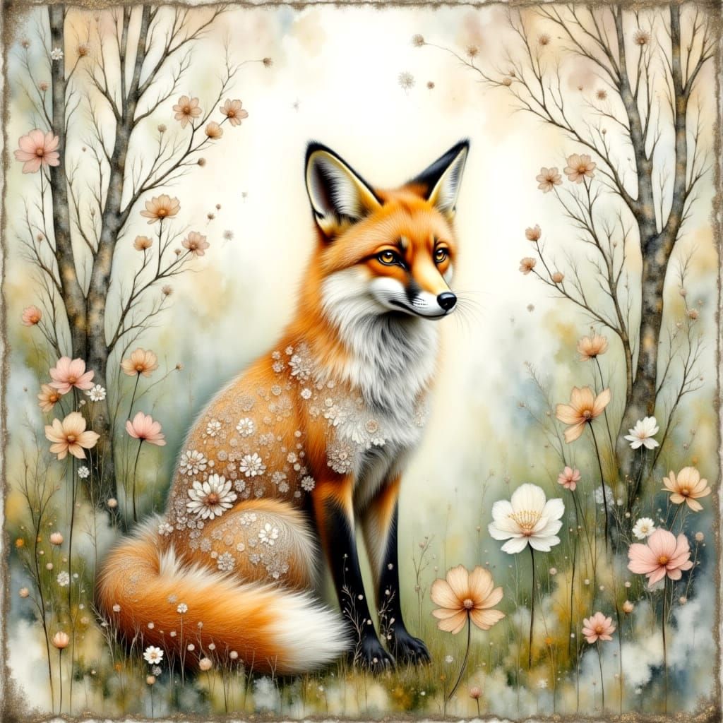 Watercolor Fox in Misty Forest with Lace Accents