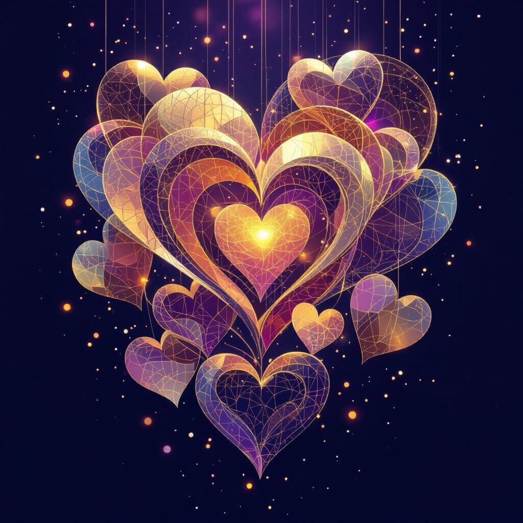 Abstract Golden Hearts Sculpture in Violet Void
