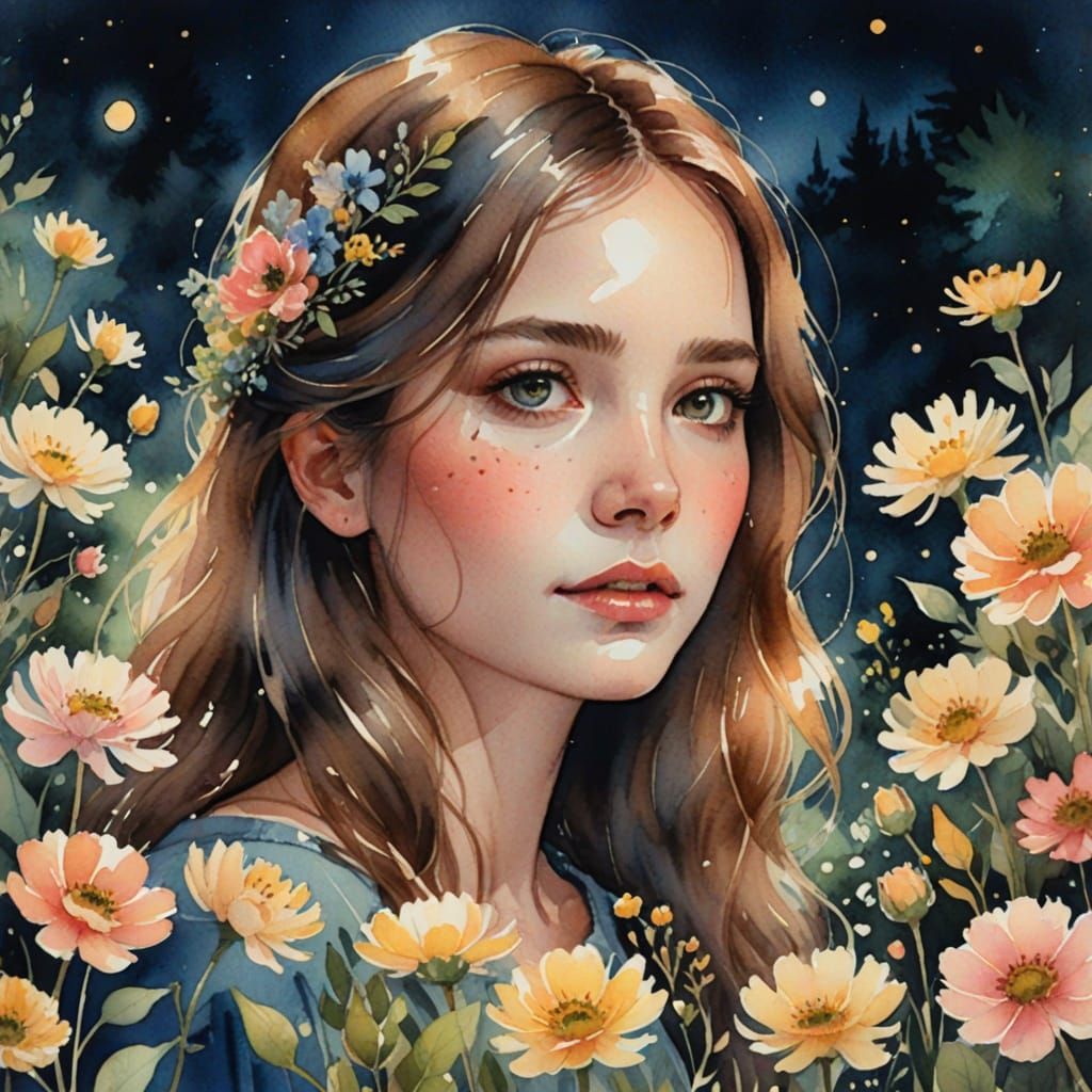 Dreamy Garden Portrait at Night in Watercolor