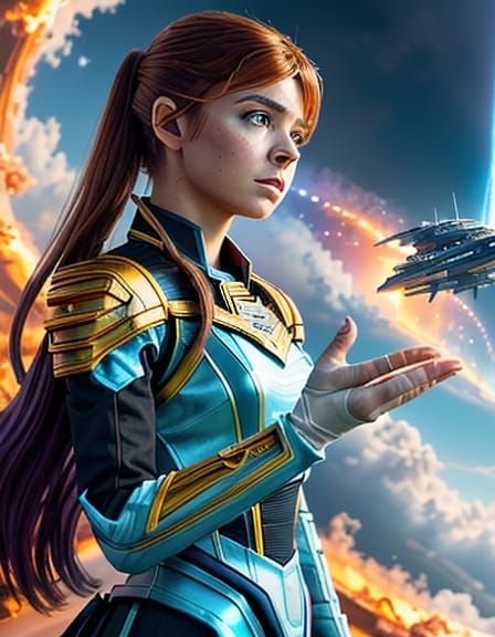 Fantasy Girl Before Amber Castle with Starship