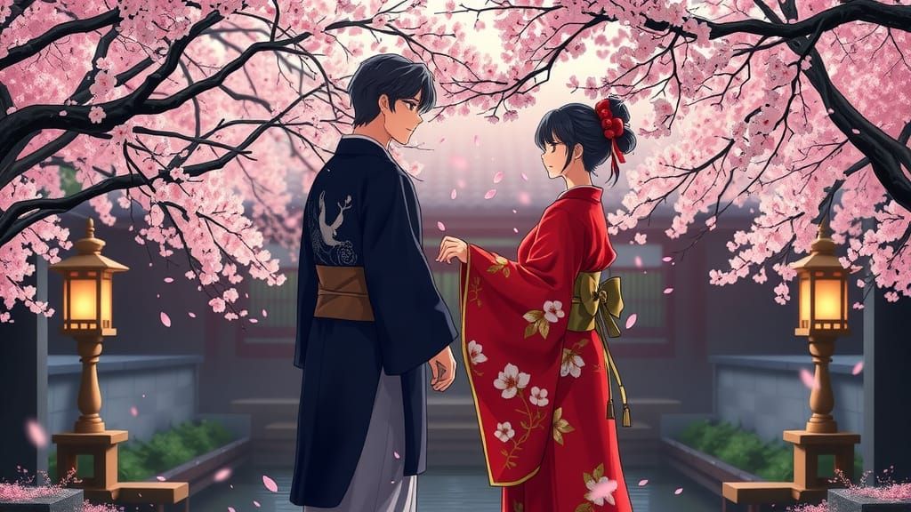 Couple in Serene Kyoto Garden Under Cherry Blossoms