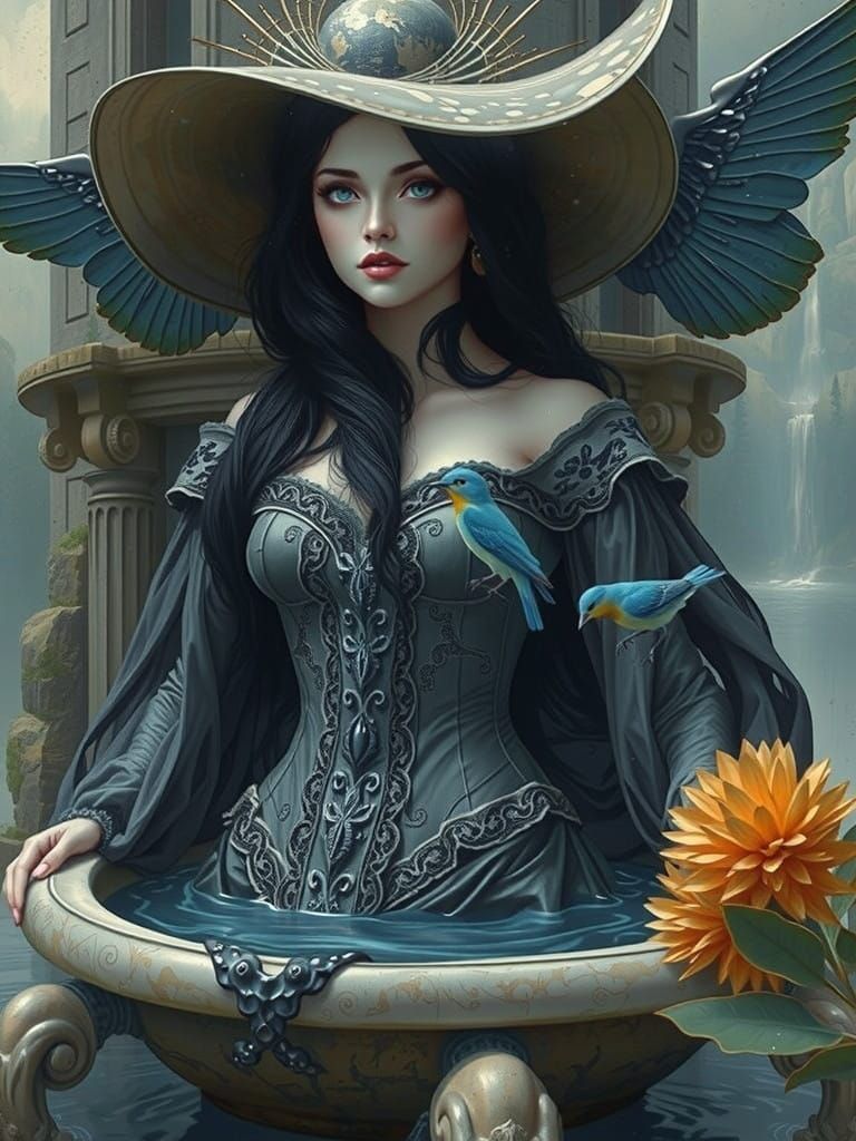 Kirigami masterpiece. A woman's marble torso, adorned with long, black hair that flows like the night, and a black dress...