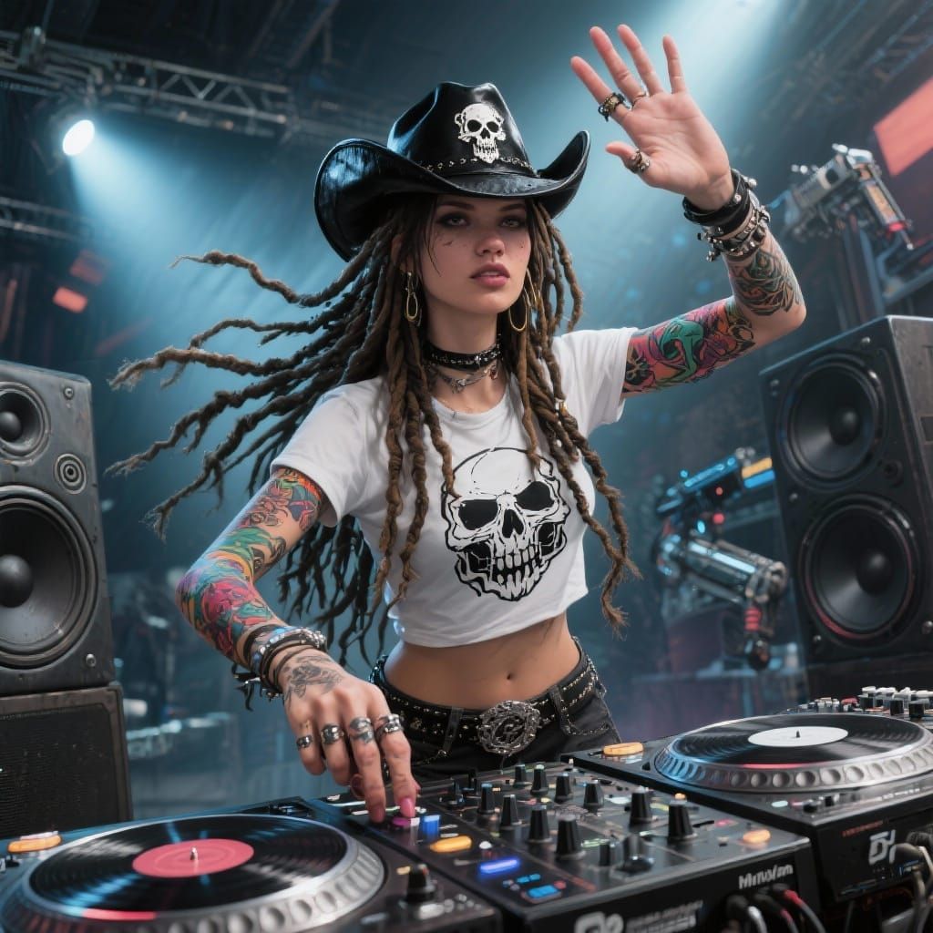 DJ Woman Mural with Tattoos and Dreadlocks