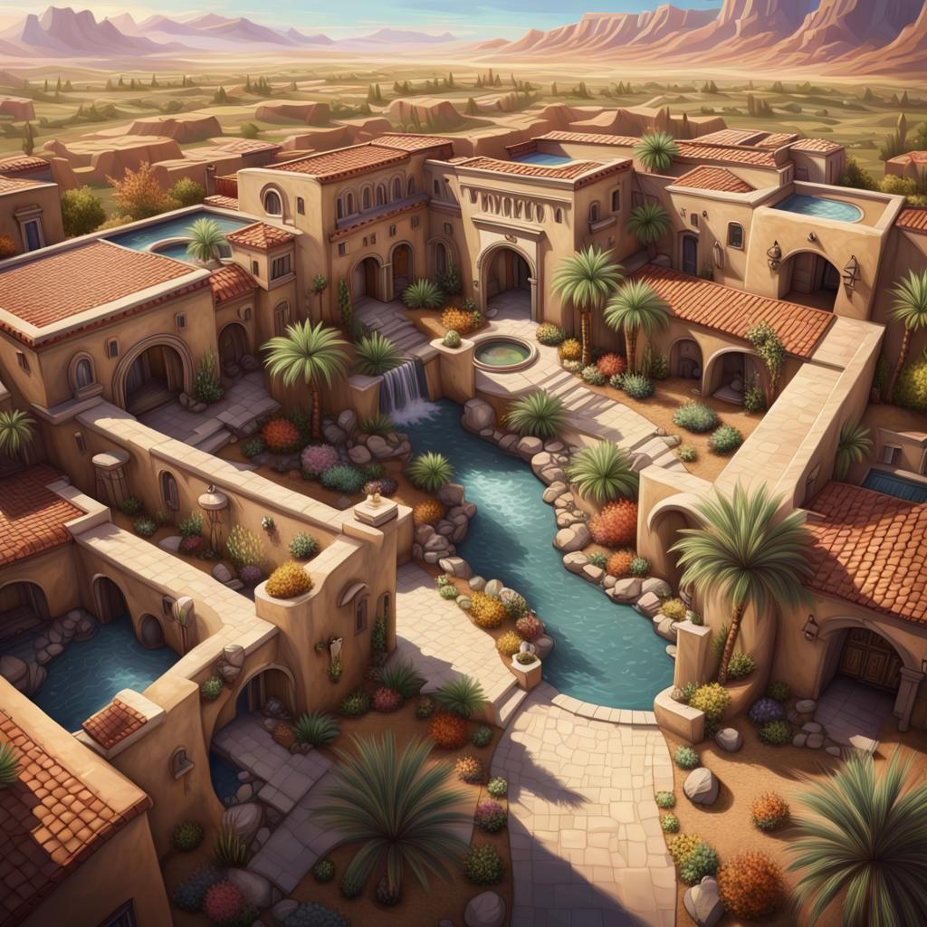 Oasis Town Community with Archways: Hyperrealistic Aerial Vi...