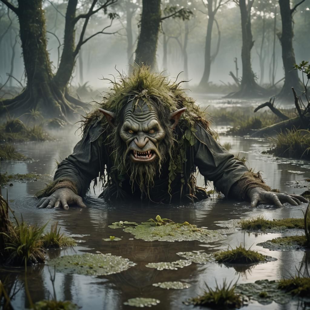 Swamp Troll Portrait in Mist, Professional Photography Style