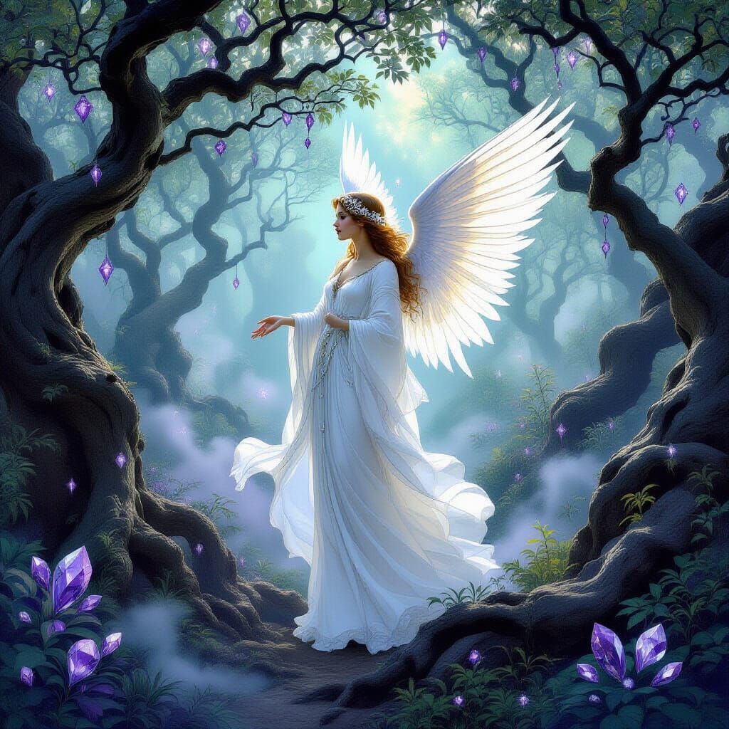 Ethereal Angel in Jewel Forest, Art Nouveau Style
