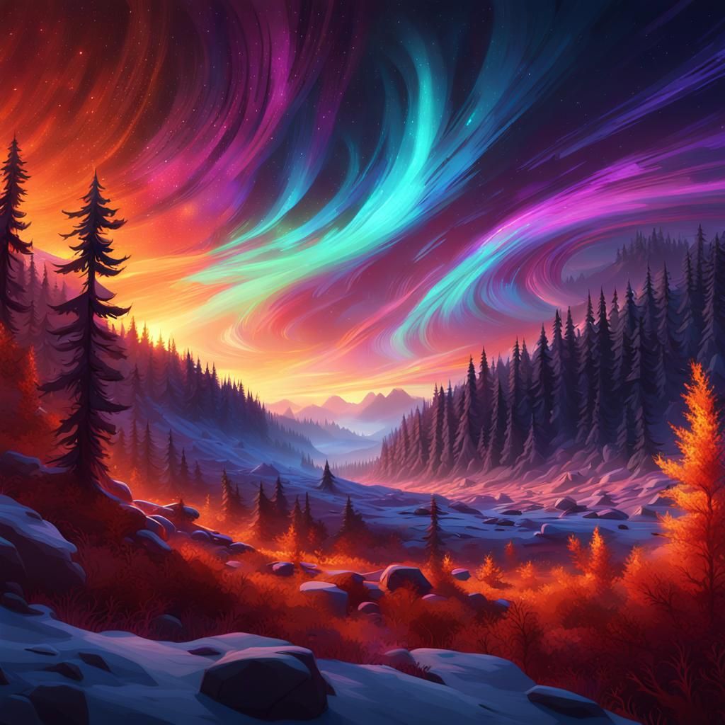 Mystical Glowing Forest Under Aurora Borealis