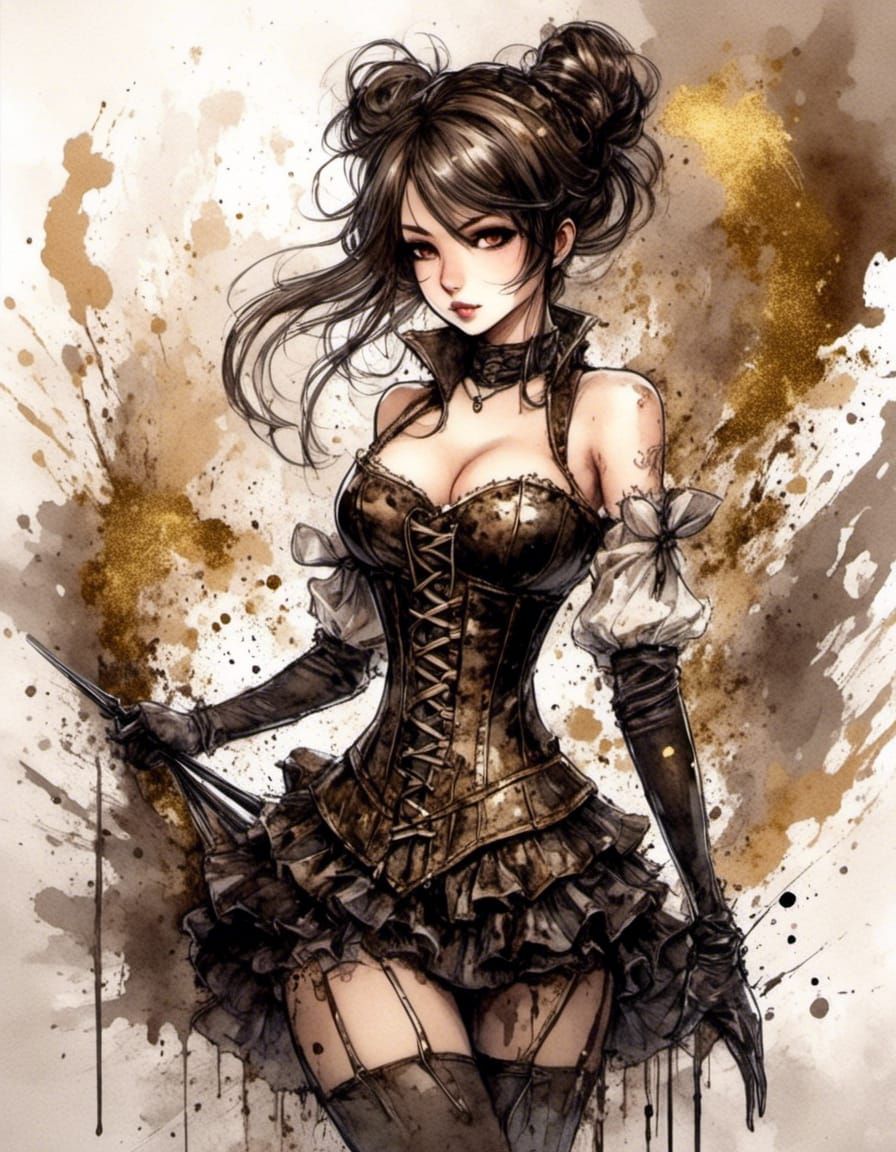 Anime Brunette in Corset Ink Splatter Art