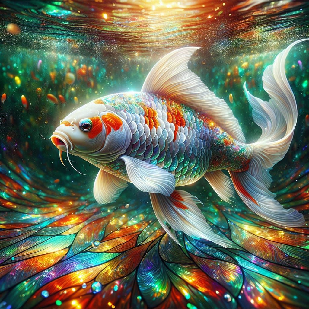 Iridescent Koi Fish Swimming in a Sparkling Pond