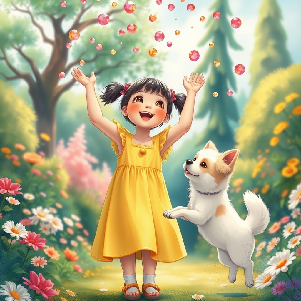 A young school girl with hands in the air looking  the lot of sequins fall from the sky , a cute dog jumping around her ...