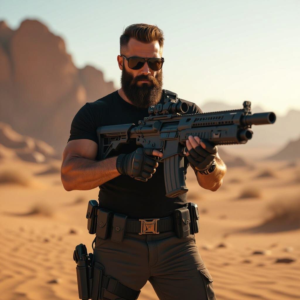 Heroic Desert Warrior with Futuristic Weapon