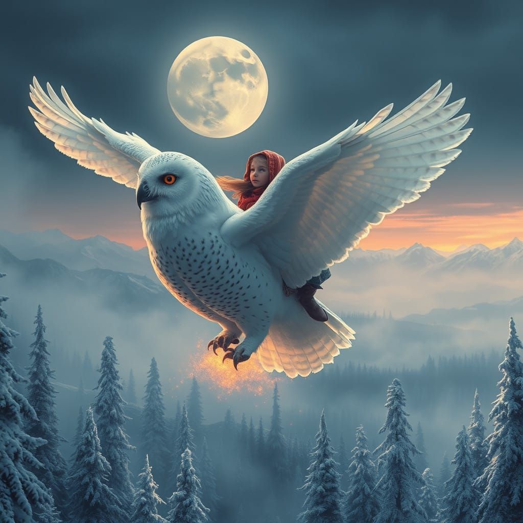 Young Girl Rides Majestic White Owl Through Mystical Winter....