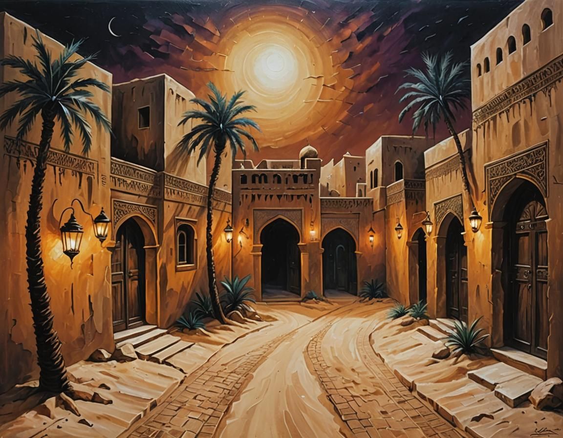 Picturesque Arabian Village Alley in Noir Style