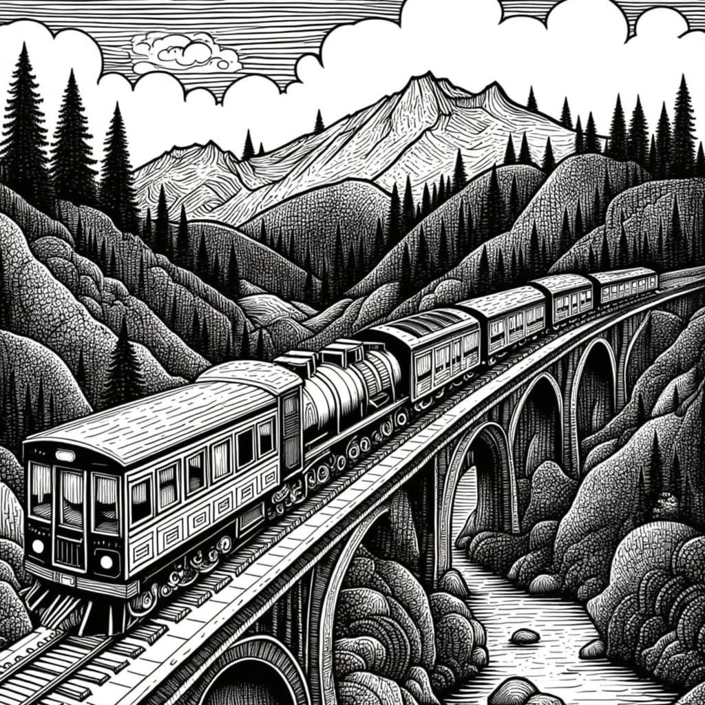 Vintage Steam Train on Majestic Multi-Arched Bridge in Woodc...