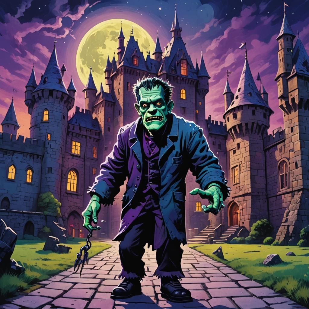 Adorable Frankenstein Creeping Past Castle: Pop Art Style