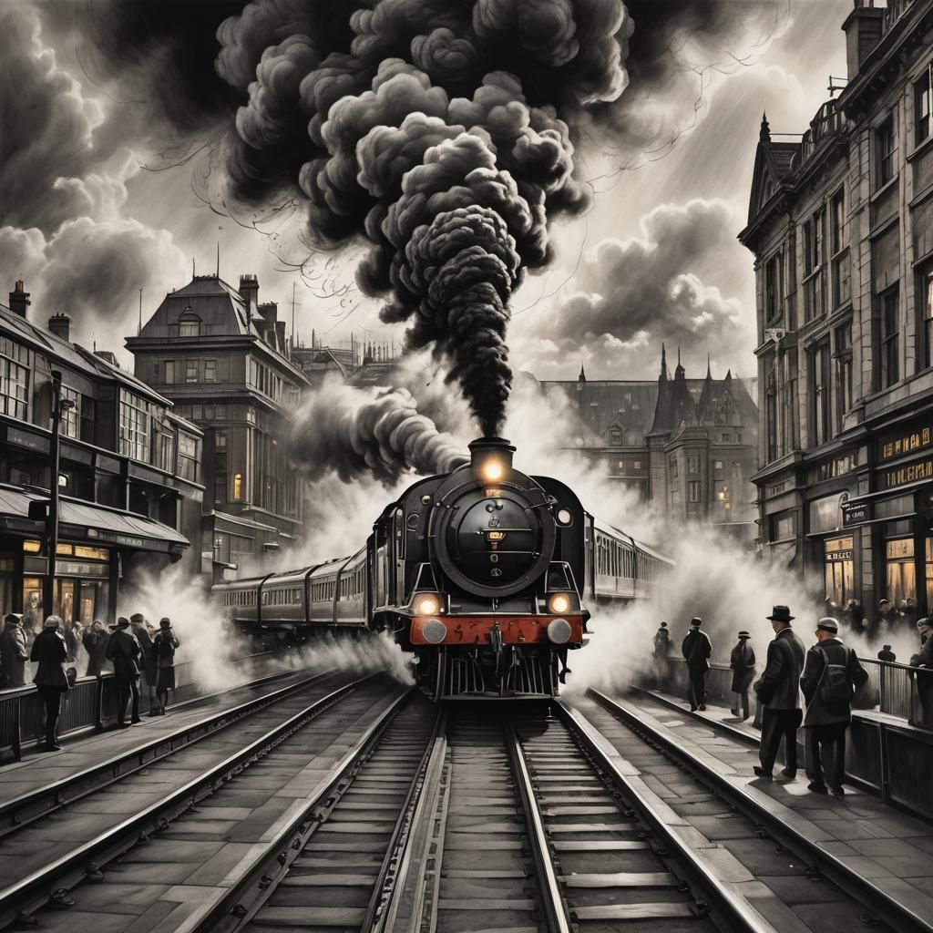 Train Speeds Through London: Hyperdetailed Charcoal Drawing