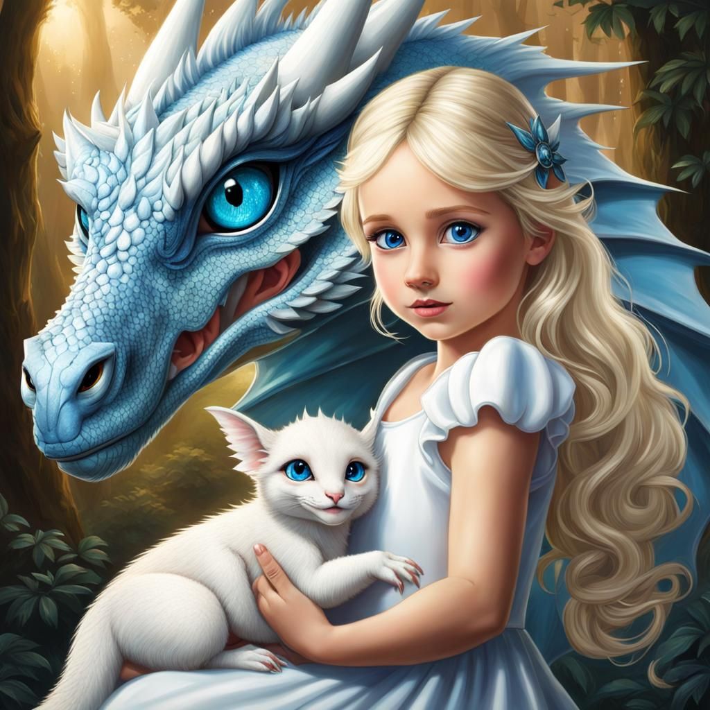 Blond Woman with Blue Eyes Holds Baby Dragon