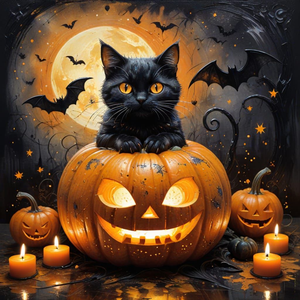 Halloween Cat in Pumpkin Ink Painting