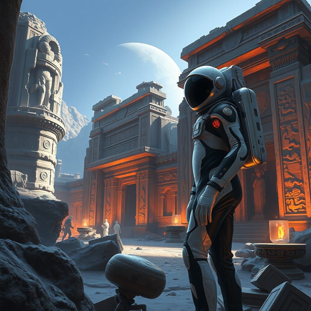 Astronaut Explores Ancient Ruins in Futuristic Style