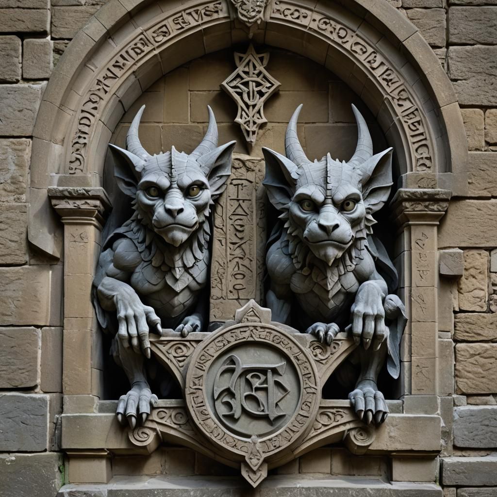 Gothic Gargoyles on Runic Archway, Fantasy Concept Art