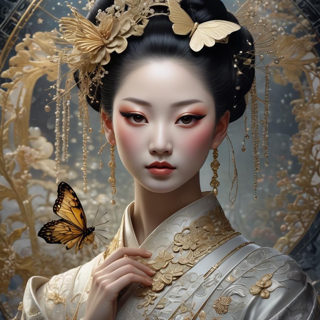 Geisha Portrait with Butterfly in Ethereal Style