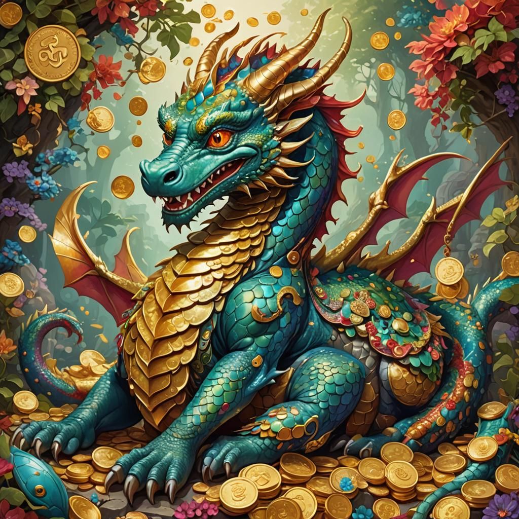 Friendly Cartoon Dragon Relaxing on Gold Coins