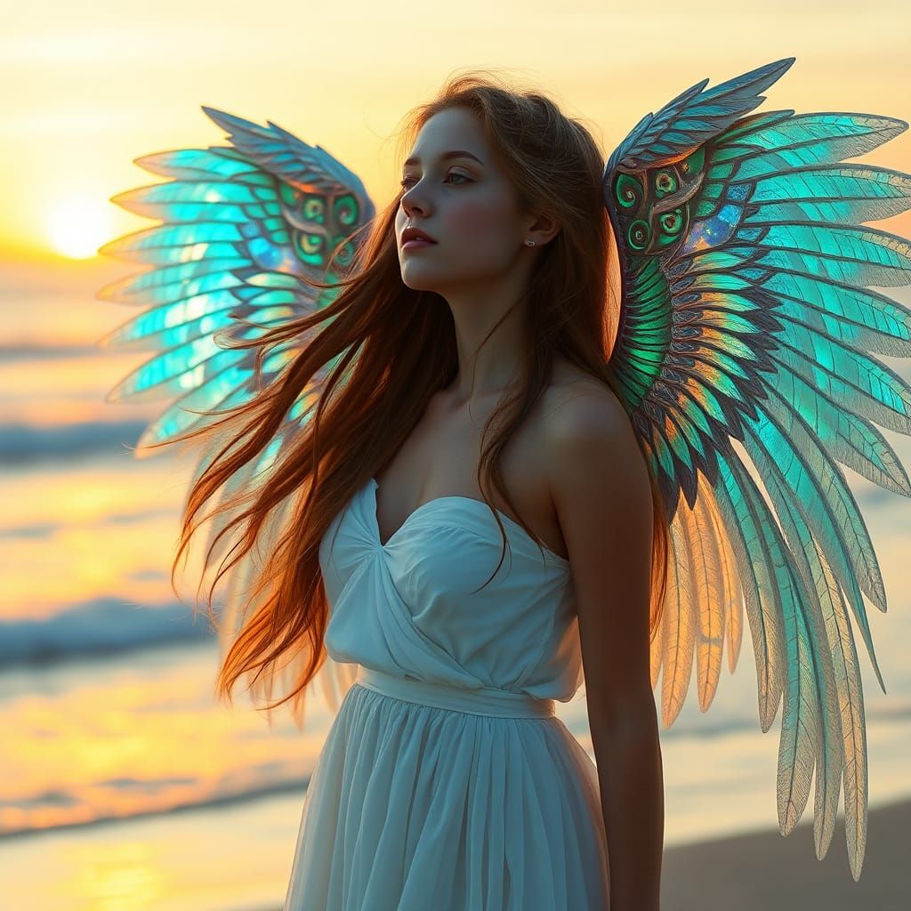 Iridescent Angel Wings at Sunset: Photorealistic Art