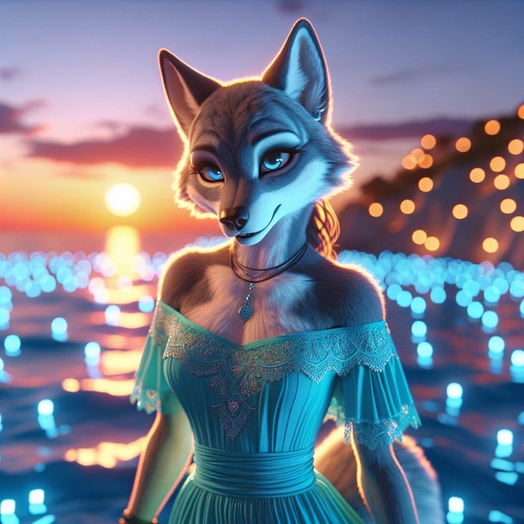 Anthropomorphic Wolf Girl in Sunset, 3D Rendered