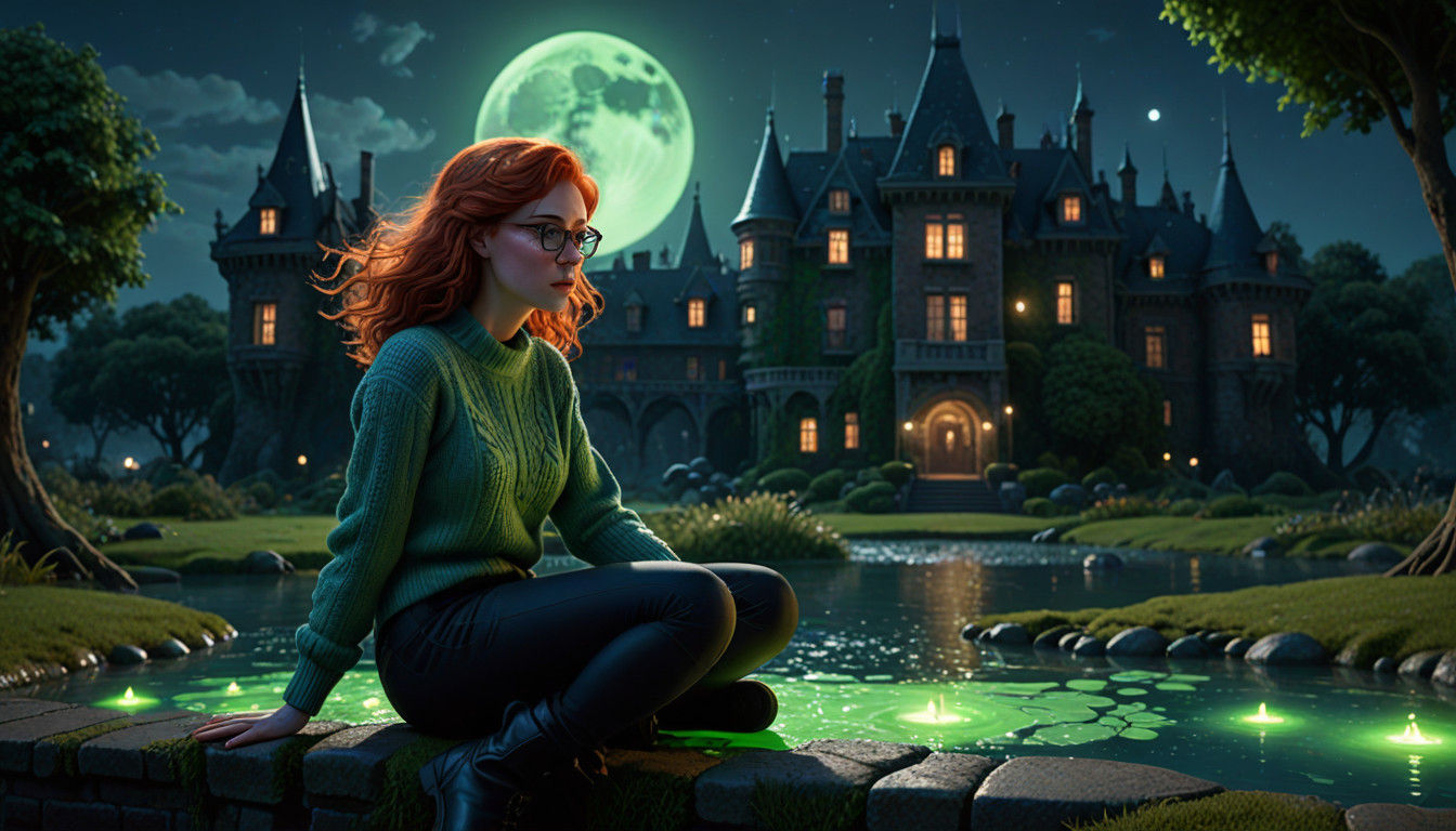 Ethereal Woman Surveys the Haunted Manor from Above