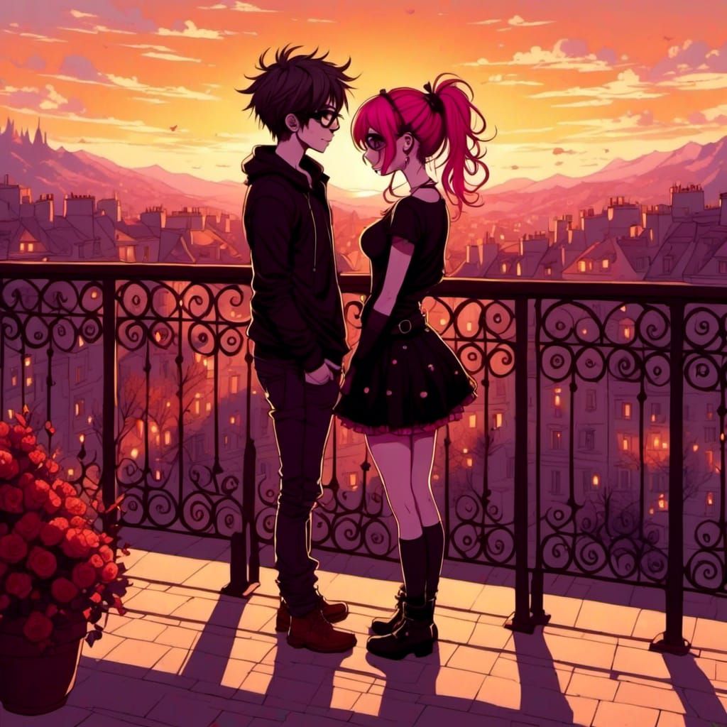 Cute Emo Anime Couple on Balcony at Sunset
