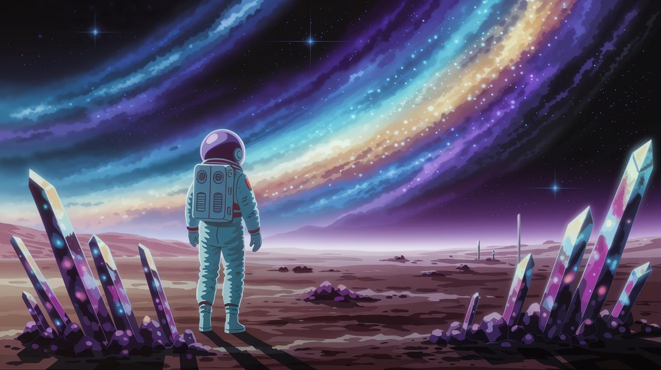 Retro-Futuristic Astronaut Contemplates Alien Nebula