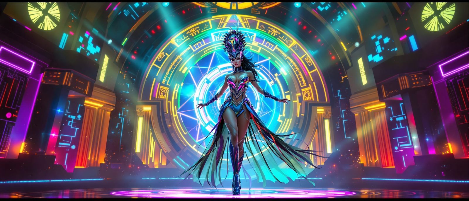 Futuristic Showgirl in Neon-Lit Cyberpunk Art Deco Spectacle