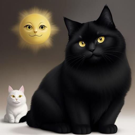 Surreal Smiling Sun with Black Cat, Botero Style