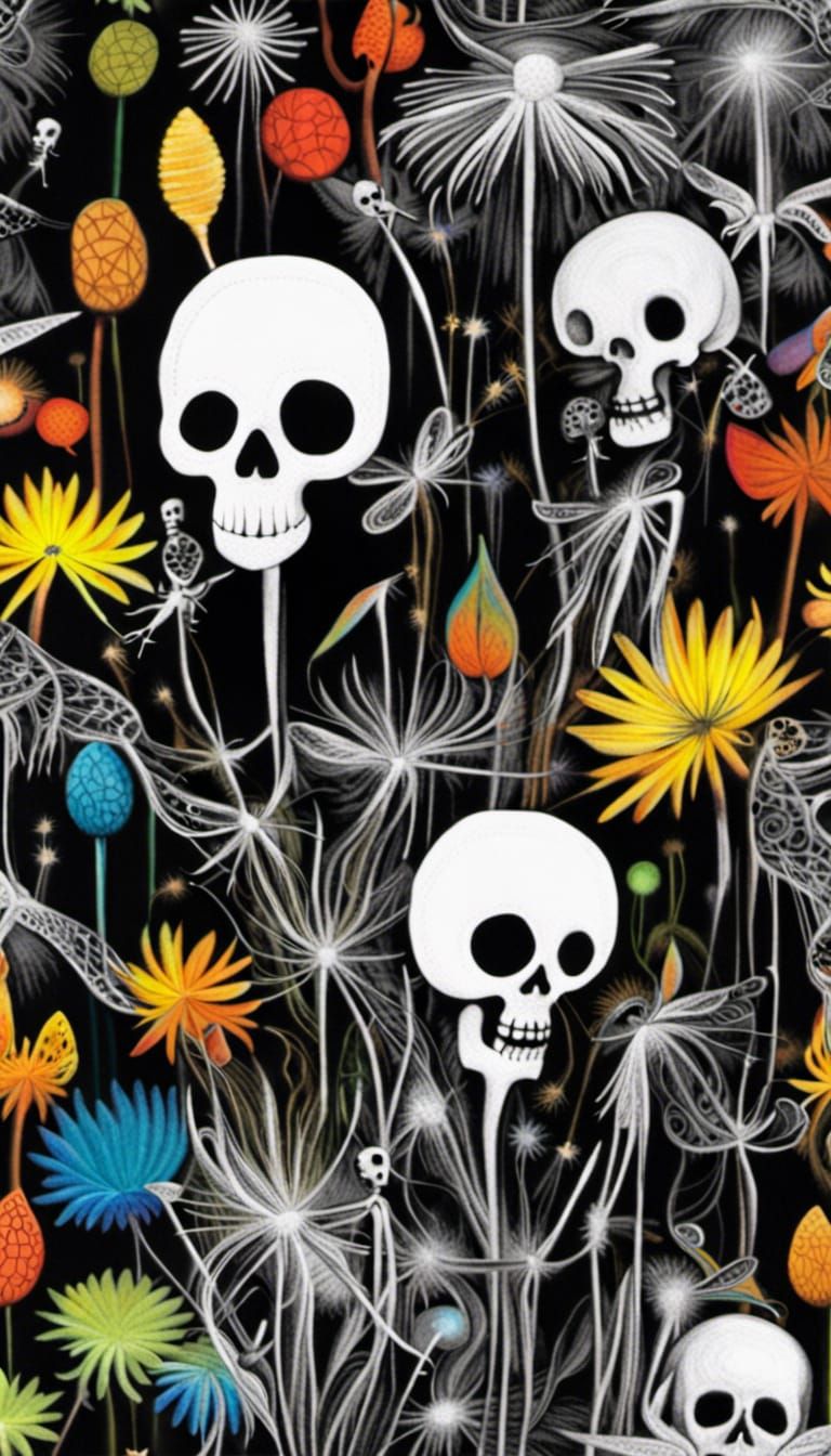 Dandelion Dreamscape with Winged Skeleton Fairies