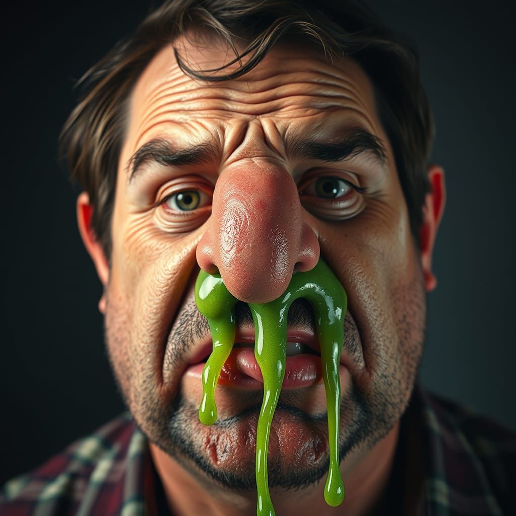 Disturbing Close-Up of a Man with a Protruding, Booger-Ridde...