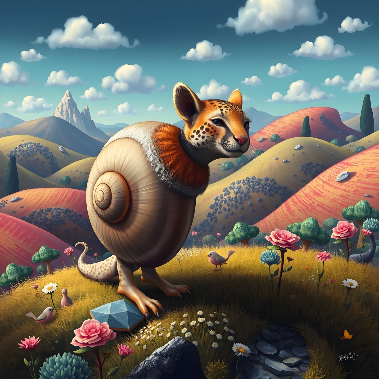 Surreal Whimsy: Snail-Cheetah-Hybrid in Vibrant Dream Landsc...