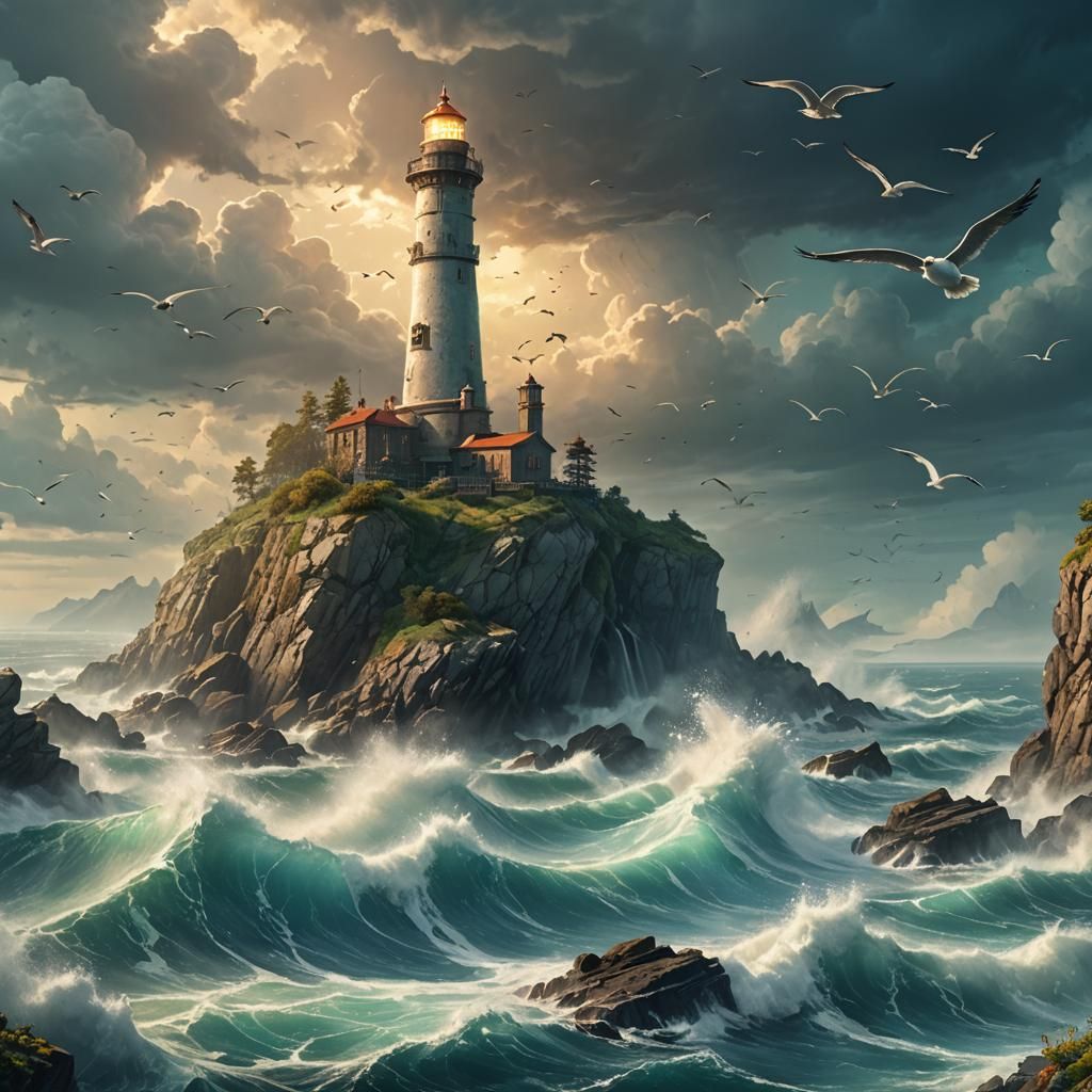 Majestic Lighthouse in Turbulent Sea: Fantasy Concept Art