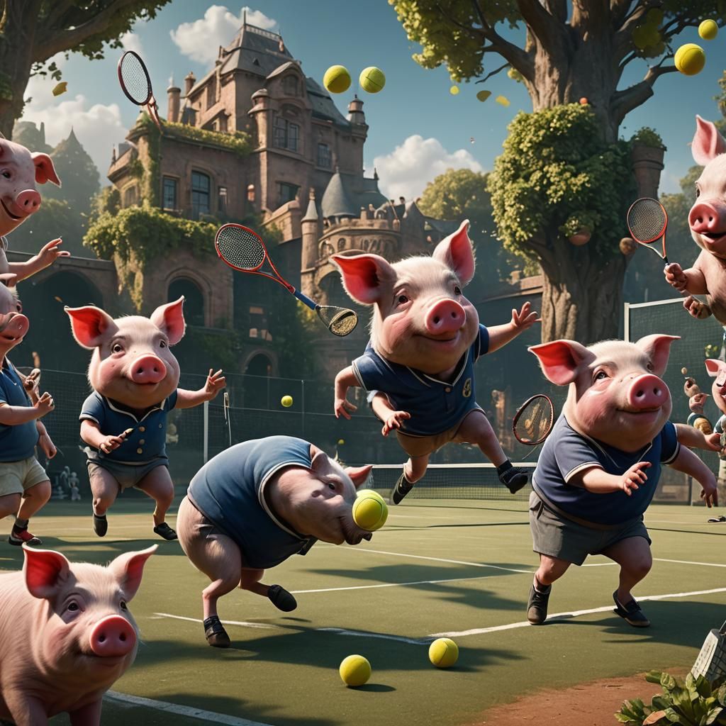 Pigs Playing Tennis in Detailed Digital Painting