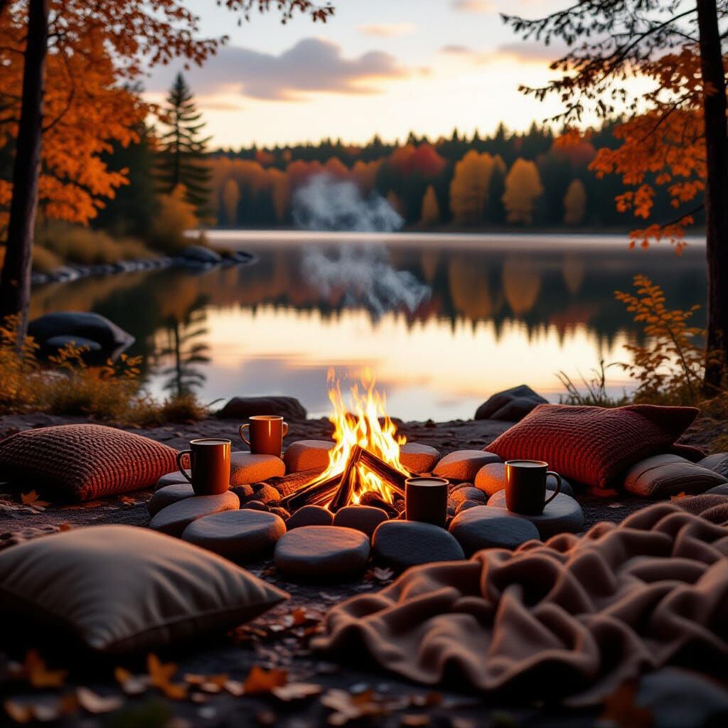 Autumn Lakeside Campfire at Golden Hour