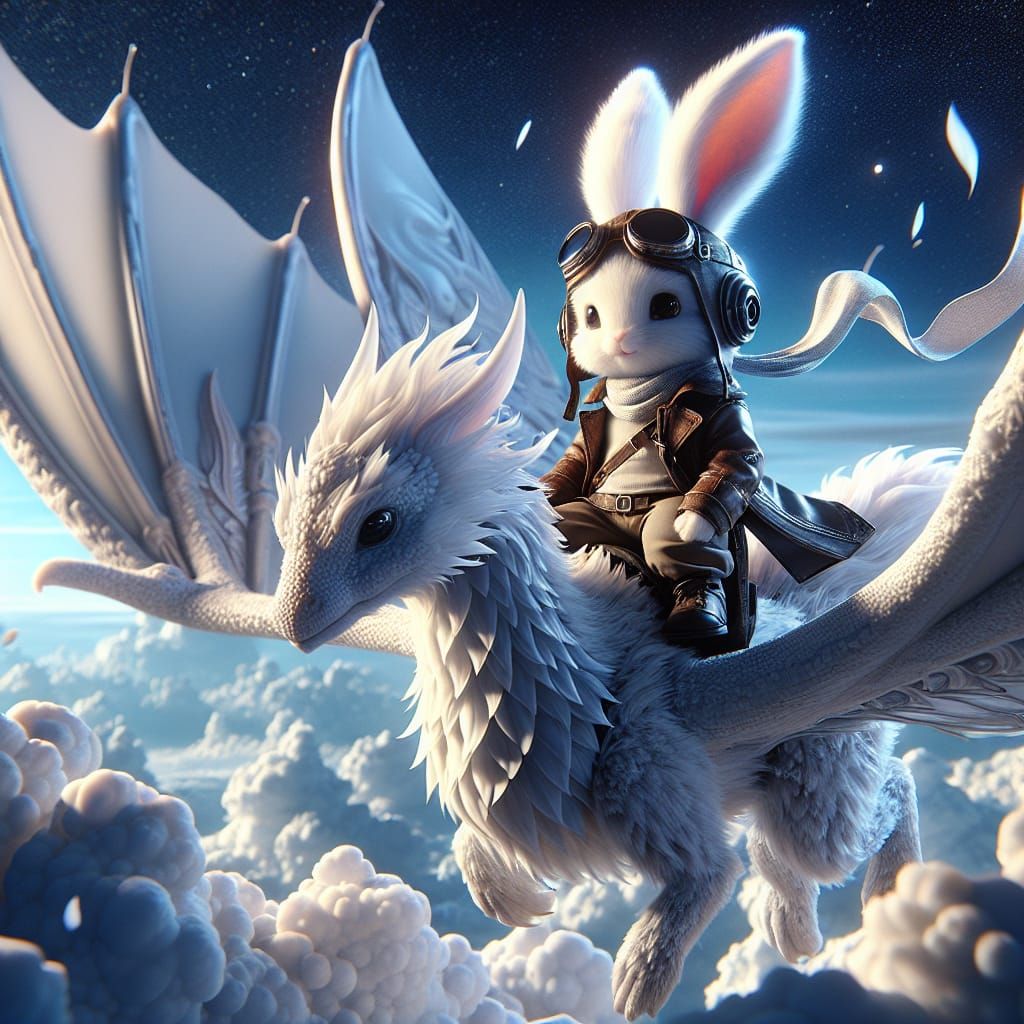 Charming Bunny Pilot Soars on Regal White Dragon