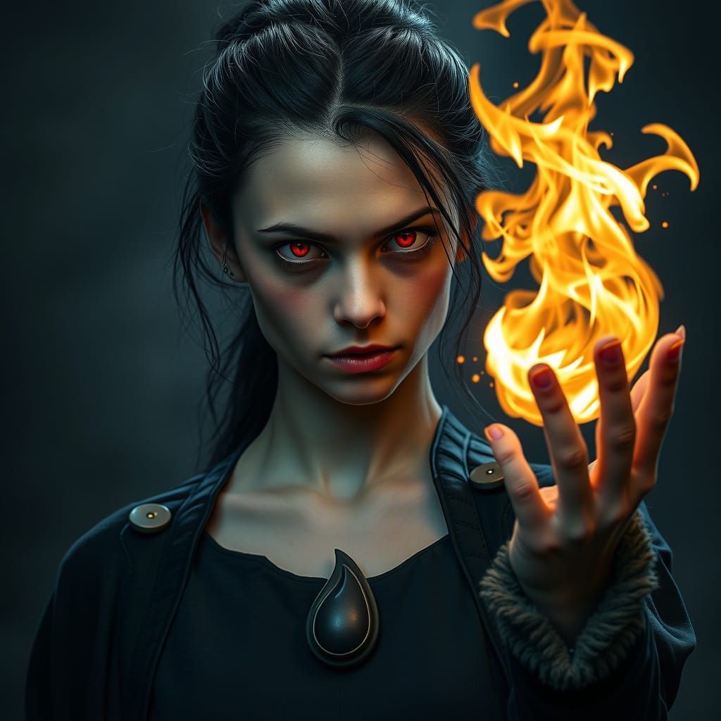 Intense Young Sorceress Conjuring Fireball in Dark Fantasy S...
