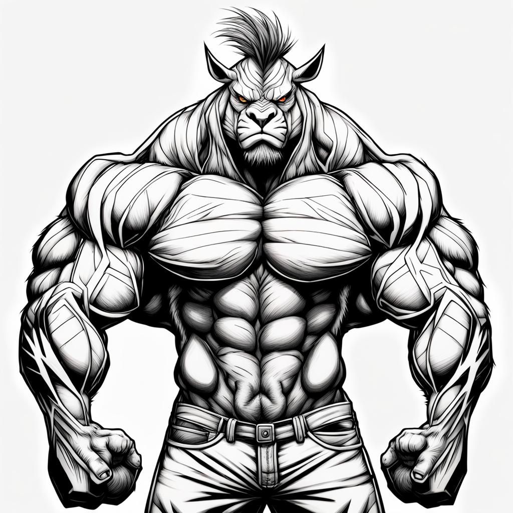 Hypermuscular Zebra-Man Line Art Illustration