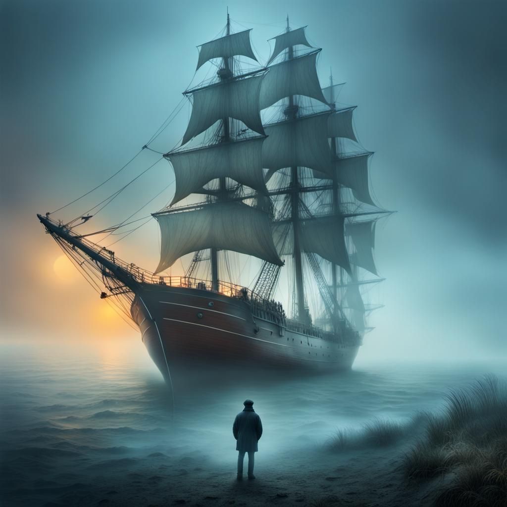 Ethereal Ghost Ship Sailing Through Misty Waters