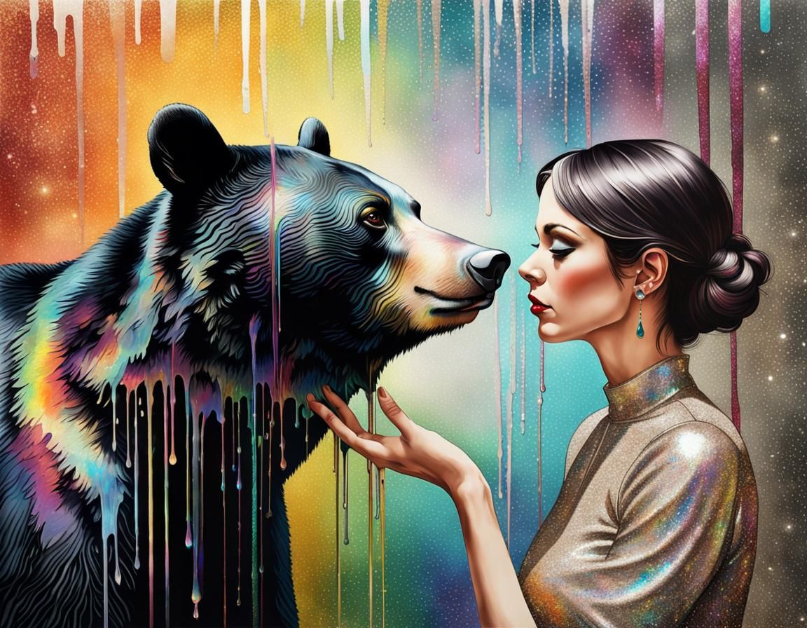 Glamorous Bear Goddess in Vibrant Decoupage Style