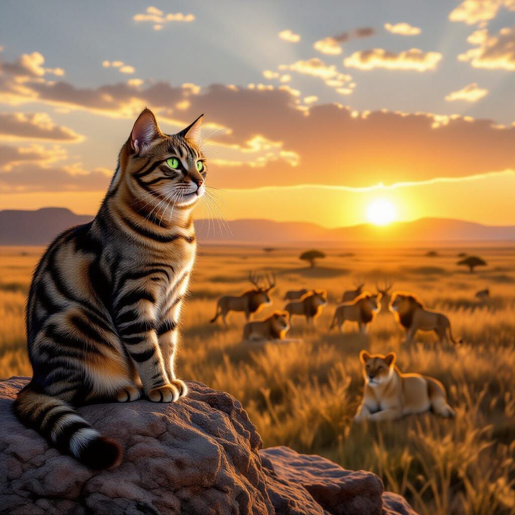 Cat Surveys African Savannah With Elk and Lions