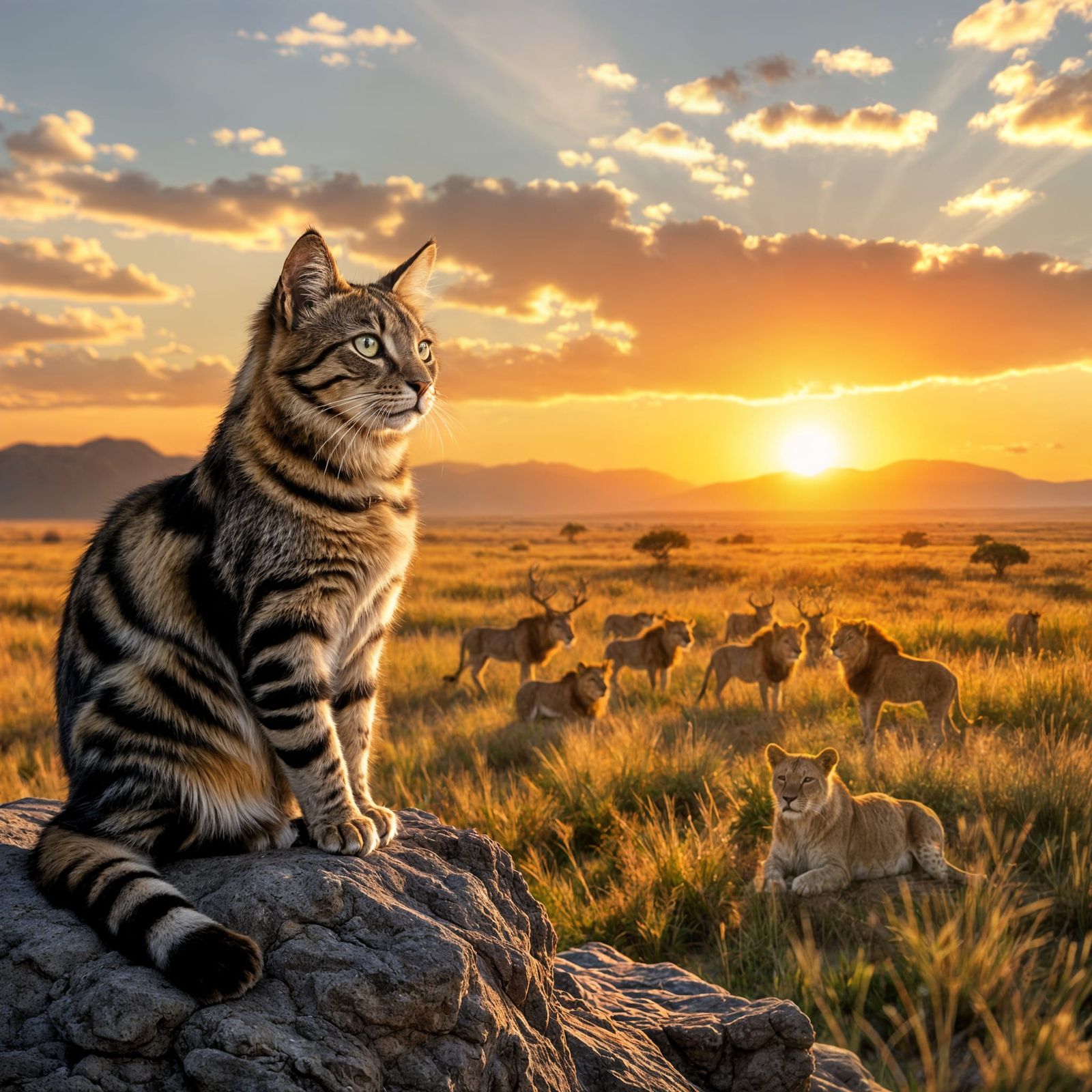 Cat Surveys African Savannah With Elk and Lions
