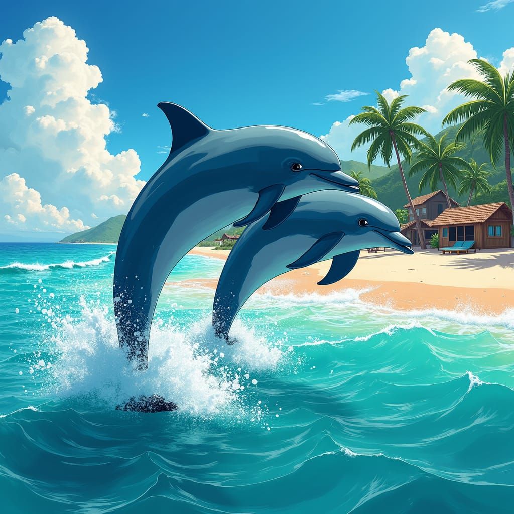 Two Dolphins Dive Above Waves in Cel-Shaded Tropical Scene